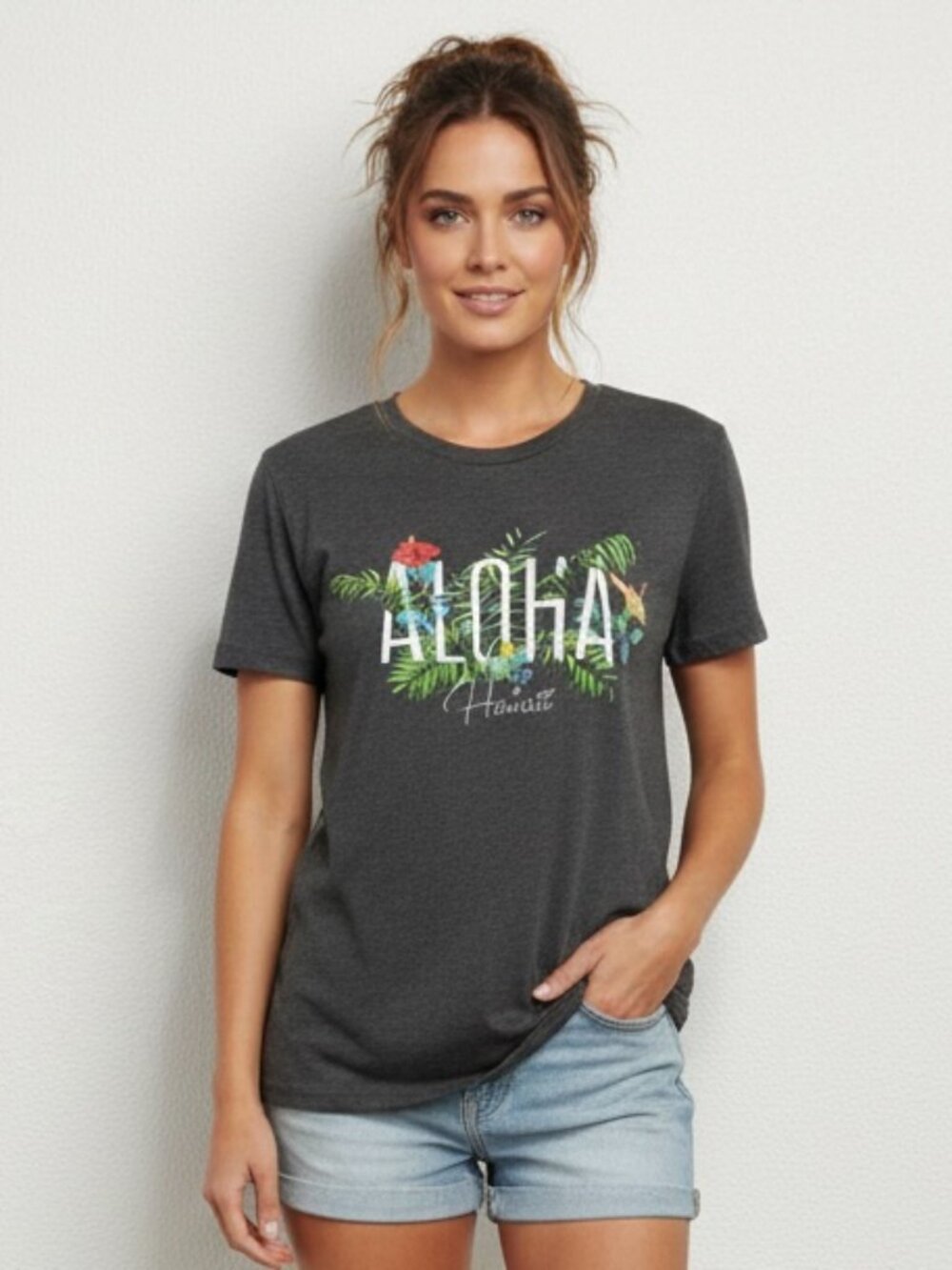 Island Girl Hawaii Aloha Floral Graphic Tee Charcoal Gray XL